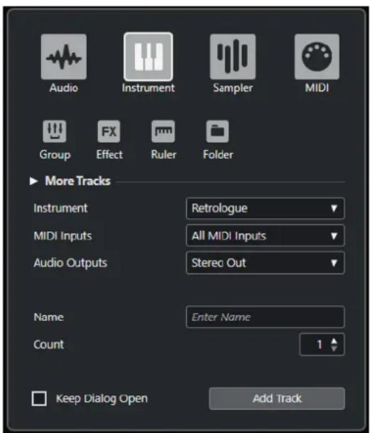 Audio Instrument Sampler MIDI Group FX Effect Ruler Folder More Tracks Instrument Retrologue MIDI Inputs All MIDI Inputs Audio Outputs Stereo Out Name Enter Name Count 1 Keep Dialog Open Add Track