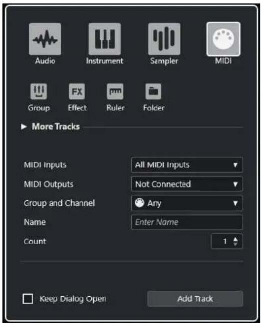 Audio Instrument Sampler MIDI Group FX Ruler Folder More Tracks MIDI Inputs All MIDI Inputs MIDI Outputs Not Connected Group and Channel Any Name Enter Name Count 1 Keep Dialog Open Add Track