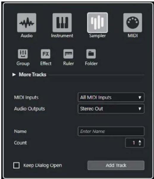 Audio Instrument Sampler MIDI Group FX Effect Ruler Folder More Tracks MIDI Inputs All MIDI Inputs Audio Outputs Stereo Out Name Enter Name Count 1 Keep Dialog Open Add Track