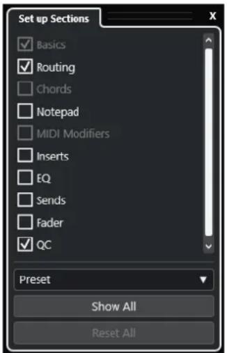 Set up Sections Basics Routing Chords Notepad MIDI Modifiers Inserts EQ Sends Fader QC Preset Show All Reset All