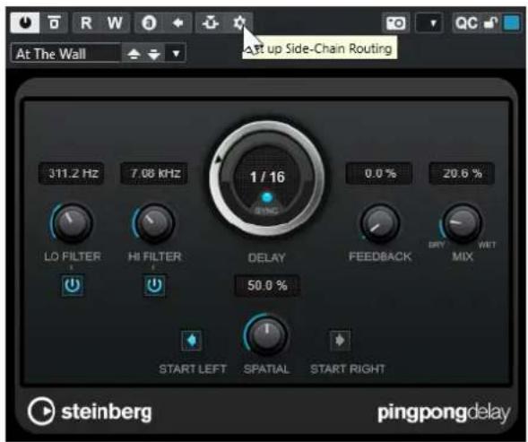 At The Wall Start up Side-Chain Routing 311.2 Hz 7.08 kHz 1 / 16 0.0 % 20.6 % LO FILTER HI FILTER DELAY FEEDBACK BRY WET MIX 50.0 % START LEFT SPATIAL START RIGHT steinberg pingpongdelay