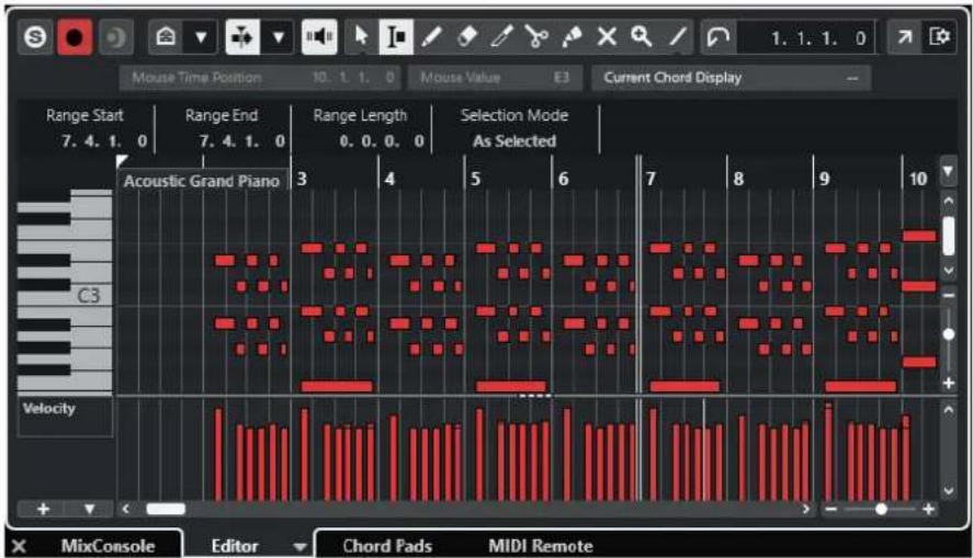 Mouse Time Position 10. 1. 1. 0 Mouse Value E3 Current Chord Display Range Start Range End Range Length Selection Mode 7. 4. 1. 0 7. 4. 1. 0 0. 0. 0 As Selected Acoustic Grand Piano 3 4 5 6 7 8 9 10 C3 Velocity MixConsole Editor Chord Pads MIDI Remote