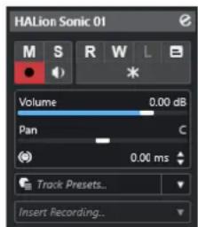 HALion Sonic 01 M S R W L Volume 0.00 dB Pan C 0.00 ms Track Presets... Insert Recording...