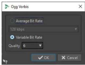 Ogg Vorbis Average Bit Rate 128 kbps Variable Bit Rate Quality 6 OK Cancel
