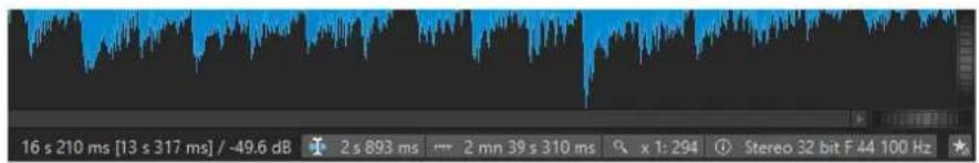 16 s 210 ms [13 s 317 ms] / -49.6 dB 2 s 893 ms 2 mn 39 s 310 ms x 1:294 Stereo 32 bit F 44 100 Hz