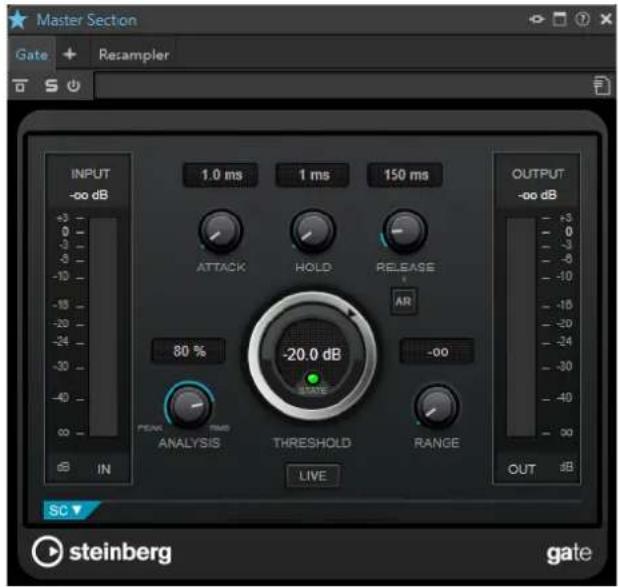 Master Section Gate + Resampler INPUT -oo dB +3 0 -3 -5 -10 -15 -20 -24 -30 -40 00 IN 1.0 ms 1 ms 150 ms OUTPUT -oo dB ATTACK HOLD RELEASE AR 80 % PEAK ANALYSIS TIME THRESHOLD RANGE LIVE -20.0 dB STATE -00 OUT dB SC▼ steinberg gate