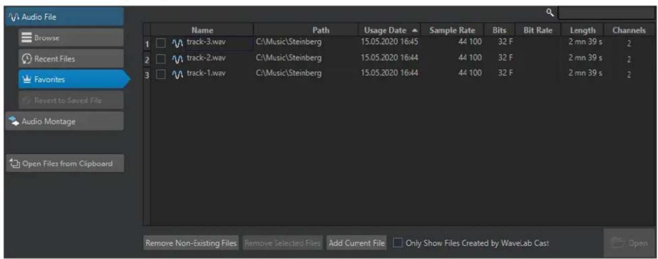 Audio File Browse Recent Files Favorites Revert to Saved File Audio Montage Open Files from Clipboard Name Path Usage Date Sample Rate Bits Bit Rate Length Channels 1 track-3.wav C:\Music\Steinberg 15.05.2020 16:45 44 100 32 F 2 mn 39 s 2 2 track-2.wav C:\Music\Steinberg 15.05.2020 16:44 44 100 32 F 2 mn 39 s 2 3 track-1.wav C:\Music\Steinberg 15.05.2020 16:44 44 100 32 F 2 mn 39 s 2 Remove Non-Existing Files Remove Selected Files Add Current File Only Show Files Created by WaveLab Cast Open