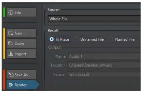 Info New Open Import Save As Render Source Whole File Result In Place Unnamed File Named File Output Name: Audio 1 Location: C:\Users\Steinberg\Music Format: Wave default
