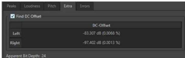Peaks Loudness Pitch Extra Errors Find DC Offset DC-Offset Left -83.307 dB (0.0068 %) Right -97.402 dB (0.0013 %) Apparent Bit Depth: 24
