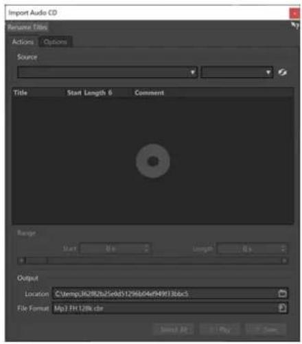 Import Audio CD Retinae Titles Actions Options Source Title Start Length 0 Comment Range Start Bis Length Bis Output Location:C:\temp362882a25v0d51296604e94913bbc5 File Format:Mpt FH 128k.dbr Send All Play Save