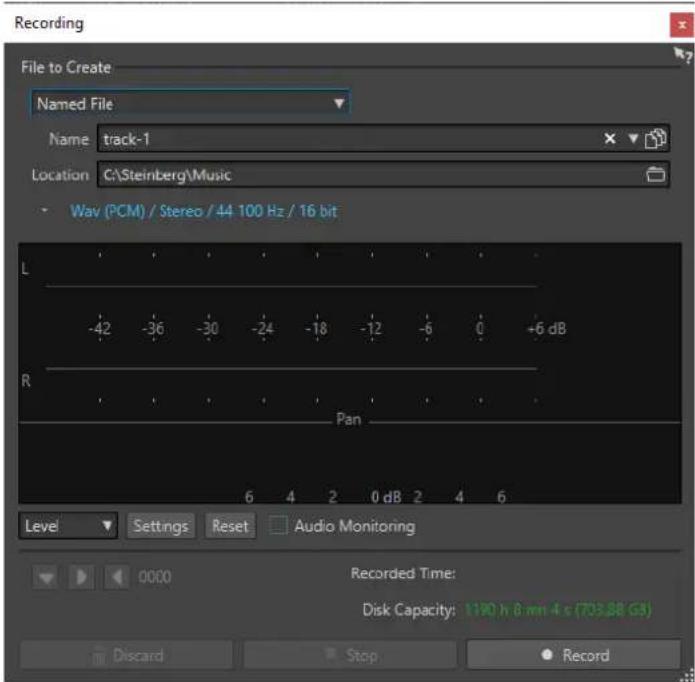 Recording File to Create Named File Name track-1 Location C:\Steinberg\Music Wav (PCM) / Stereo / 44 100 Hz / 16 bit L -42 -36 -30 -24 -18 -12 -6 0 +6 dB R Pan Level Settings Reset Audio Monitoring Recorded Time: Disk Capacity: 1190 h 8 mm 4 s (703.88 G3) Discard Stop Record