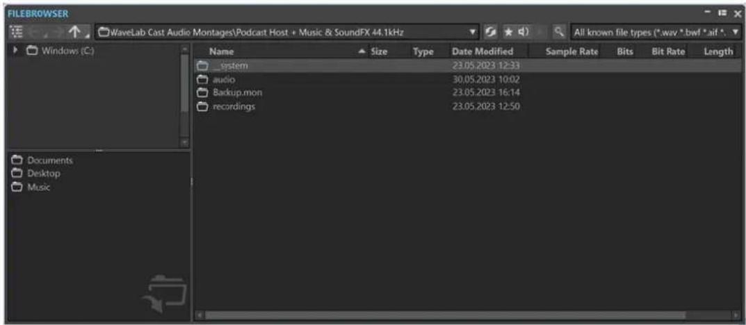 FILEBROWSER WaveLab Cast Audio Montages\Podcast Host + Music & SoundFX 44.1kHz All known file types (*.wav *.bwf *.aif *. Windows (C:) Name Size Type Date Modified lrample Rate Bits Bit Rate Length system 23.05.2023 12:33 audio 30.05.2023 10:02 Backup.mon 23.05.2023 16:14 recordings 23.05.2023 12:50 Documents Desktop Music