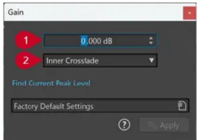 Gain 1 0.000 dB 2 Inner Crosslade Find Current Peak Level Factory Default Settings ? Apply