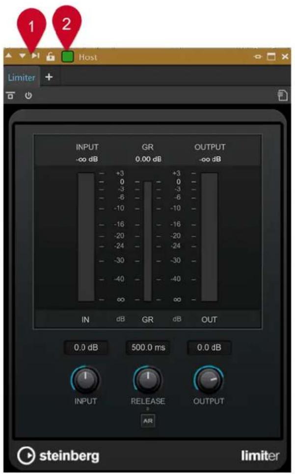 1 2 Host Limiter + INPUT -∞ dB GR 0.00 dB +3 0 -3 -6 -10 -16 -20 -24 -30 -40 ∞ IN dB GR dB OUTPUT -∞ dB 500.0 ms 0.0 dB INPUT RELEASE AR OUT steinberg limiter