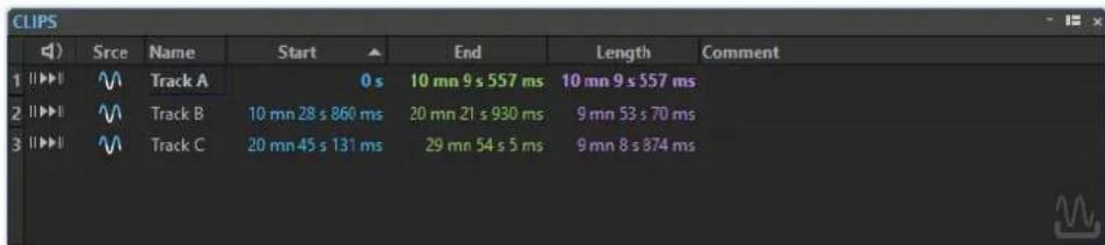 CLIPS Srce Name Start End Length Comment Track A 0 s 10 mn 9 s 557 ms 10 mn 9 s 557 ms Track B 10 mn 28 s 860 ms 20 mn 21 s 930 ms 9 mn 53 s 70 ms Track C 20 mn 45 s 131 ms 29 mn 54 s 5 ms 9 mn 8 s 874 ms