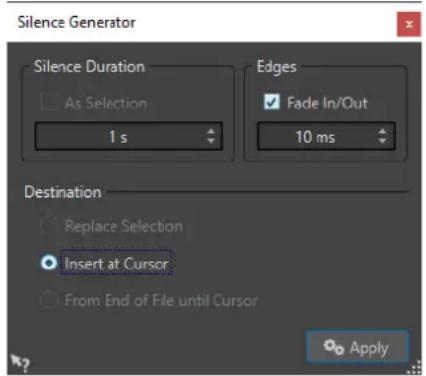 STEINBERG WaveLab Cast 2 - Boîte de dialogue Générateur de silence - 1