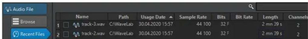 Audio File Browse Recent Files Name Path Usage Date Sample Rate Bits Bit Rate Length Channels 1 □ track-3.wav C:\WaveLab 30.04.2020 15:57 44 100 32 F 2 mn 39 s 2 2 □ track-2.wav C:\WaveLab 30.04.2020 15:57 44 100 32 F 2 mn 39 s 2