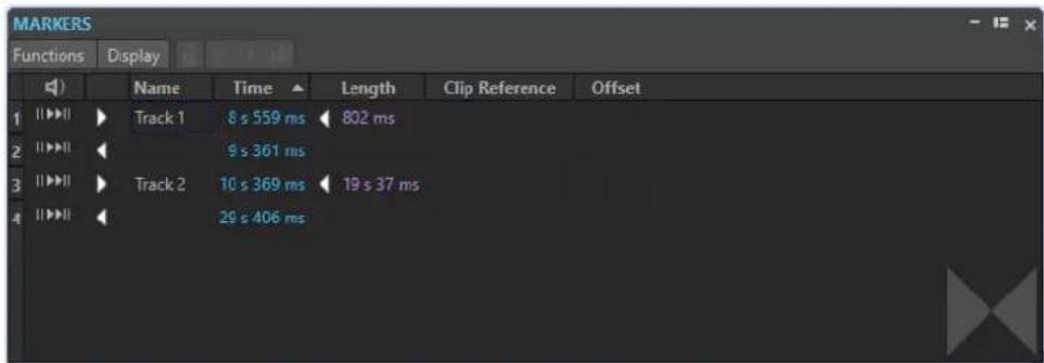 MARKERS Functions Display Name Time Length Clip Reference Offset Track 1 8 s 559 ms 802 ms 9 s 361 ms Track 2 10 s 369 ms 19 s 37 ms 29 s 406 ms
