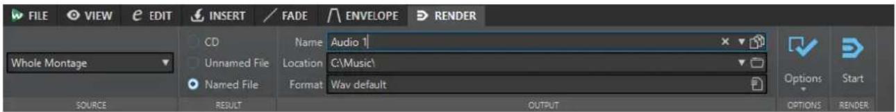 FILE VIEW EDIT INSERT FADE ENVELOPE RENDER Whole Montage CD Unnamed File Named File Name Audio 1 Location C:\Music\ Format Wav default SOURCE RESULT OUTPUT Options START ENDRER