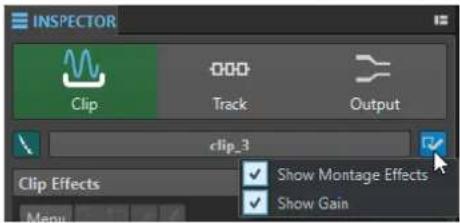 INSPECTOR Clip Track Output clip_3 Show Montage Effects Show Gain Clip Effects Menu
