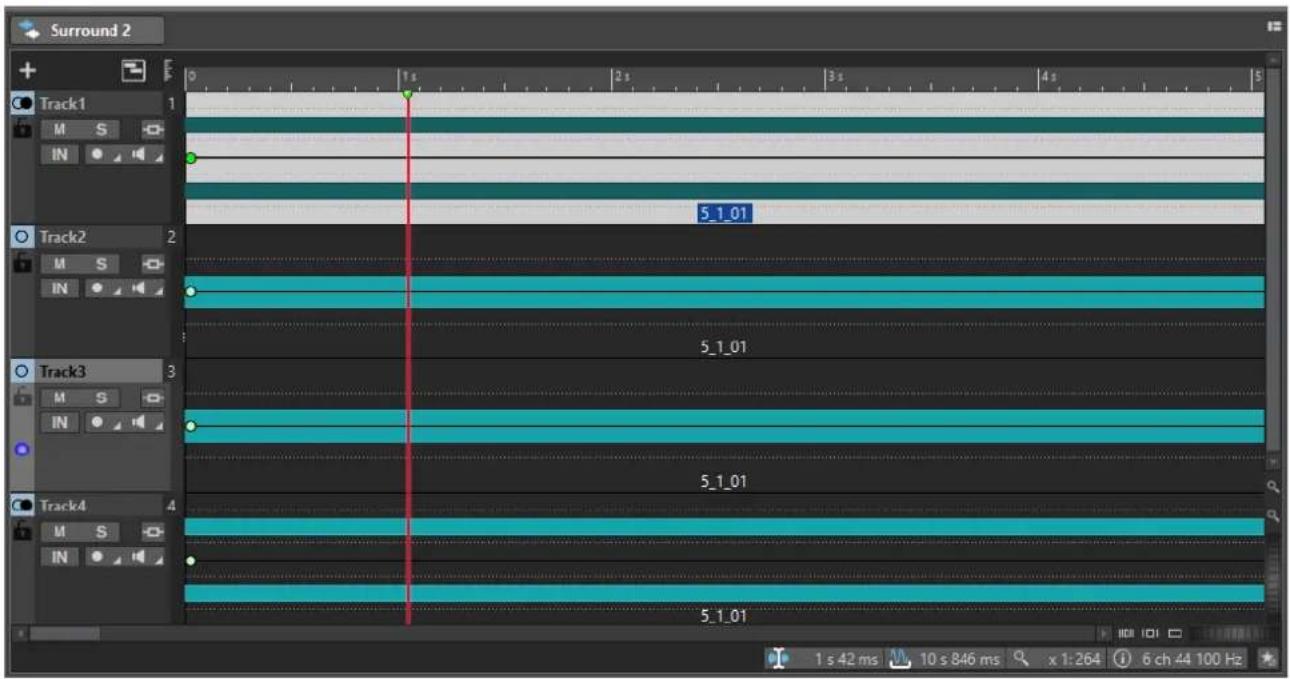 Surround 2 Track1 M S IN 5_1_01 5_1_01 5_1_01 5_1_01 5_1_01 1 s 42 ms 10 s 846 ms x 1:264 6 ch 44 100 Hz Track2 M S IN Track3 M S IN Track4 M S IN