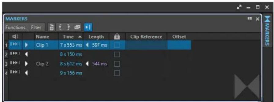 MARKERS Functions Filter Name Time Length Clip Reference Offset 1 Clip 1 7 s 553 ms 597 ms 2 Clip 1 8 s 150 ms 3 Clip 2 8 s 612 ms 544 ms 4 Clip 2 9 s 156 ms