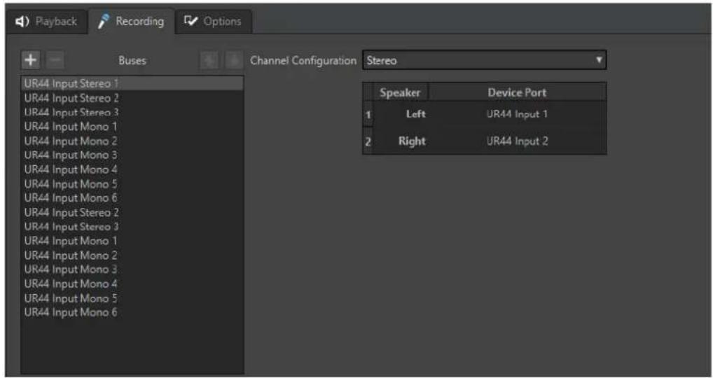 Playback Recording Options + - Buses Channel Configuration Stereo UR44 Input Stereo 1 UR44 Input Stereo 2 UR44 Input Stereo 3 UR44 Input Mono 1 UR44 Input Mono 2 UR44 Input Mono 3 UR44 Input Mono 4 UR44 Input Mono 5 UR44 Input Mono 6 UR44 Input Stereo 2 UR44 Input Stereo 3 UR44 Input Mono 1 UR44 Input Mono 2 UR44 Input Mono 3 UR44 Input Mono 4 UR44 Input Mono 5 UR44 Input Mono 6 Speaker Device Port 1 Left UR44 Input 1 2 Right UR44 Input 2