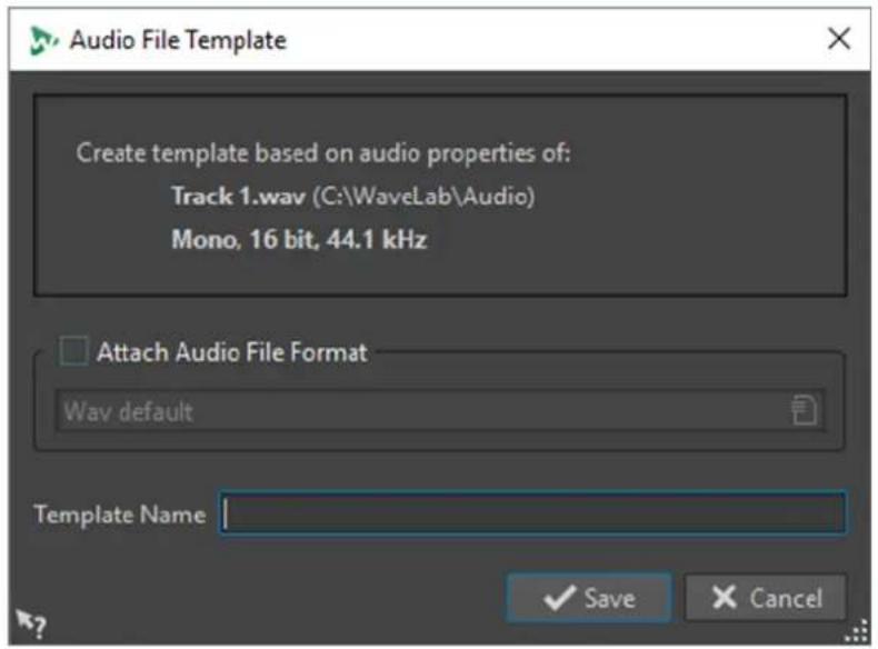 Audio File Template Create template based on audio properties of: Track 1.wav (C:\WaveLab\Audio) Mono, 16 bit, 44.1 kHz Attach Audio File Format Wav default Template Name ✓ Save ✗ Cancel