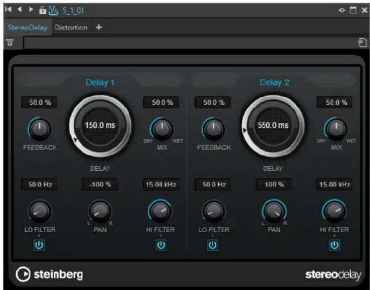 StereoDelay Distortion Delay 1 50.0 % 150.0 ms Delay 2 50.0 % 50.0 % 150.0 ms Delay 1 50.0 % 150.0 ms Delay 2 50.0 % 150.0 ms Delay 1 50.0 Hz -100 % 15.00 kHz Delay 2 50.0 Hz 100 % 15.00 kHz Delay 1 LO FILTER L R PAN HI FILTER LO FILTER L R PAN HI FILTER LO FILTER L R PAN HI FILTER STEINBERG stereodelay