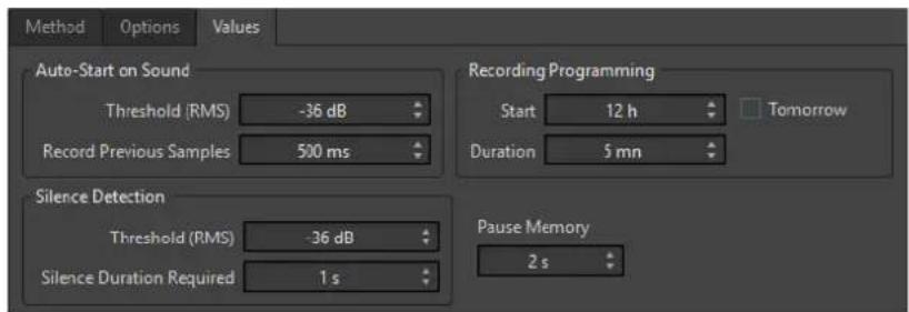 Method Options Values Auto-Start on Sound Threshold (RMS) -36 dB Record Previous Samples 500 ms Recording Programming Start 12 h Tomorrow Duration 5 mn Silence Detection Threshold (RMS) -36 dB Silence Duration Required 1 s Pause Memory 2 s