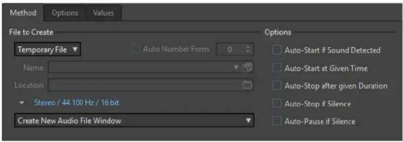 Method Options Values File to Create Temporary File Auto Number From 0 Name Location Stereo / 44 100 Hz / 16 bit Create New Audio File Window Options Auto-Start if Sound Detected Auto-Start at Given Time Auto-Stop after given Duration Auto-Stop if Silence Auto-Pause if Silence
