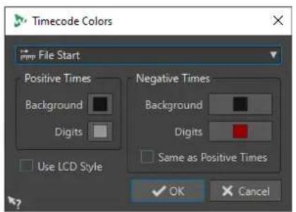 Timecode Colors File Start Positive Times Background Digits Use LCD Style Negative Times Background Digits Same as Positive Times OK Cancel