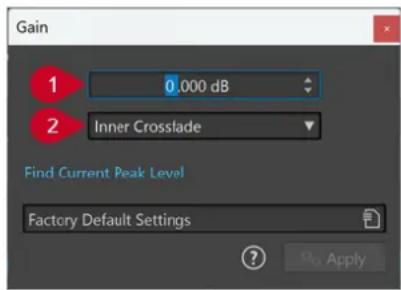 Gain 1 0.000 dB 2 Inner Crosslade Find Current Peak Level Factory Default Settings ? Apply