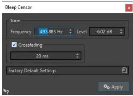 Bleep Censor Tone Frequency 493.883 Hz Level -6.02 dB ✓ Crossfading 20 ms Factory Default Settings Apply