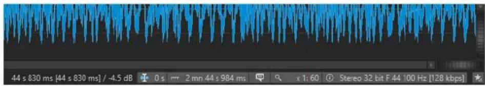 44 s 830 ms [44 s 830 ms] / -4.5 dB 0 s 2 mn 44 s 984 ms x 1:60 Stereo 32 bit F 44 100 Hz [128 kbps]