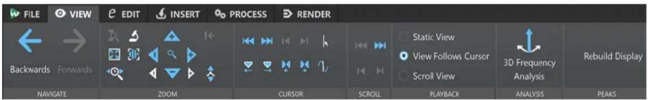 FILE VIEW EDIT INSERT PROCESS RENDER Backwards Forwards NAVIGATE ZOOM CURSOR SCROLL PLAYBACK ANALYSIS REBUILD Display