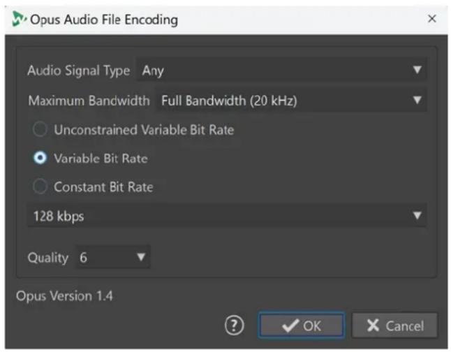 STEINBERG WaveLab Elements 12 - Boîte de dialogue Encodage de fichiers audio Opus - 1