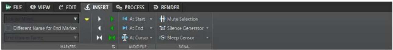FILE VIEW EDIT INSERT PROCESS RENDER Makeer Mirac Different Name for End Marker End Marker Name At Start Mute Selection At End Silence Generator At Cursor Bleep Censor MARKERS AUDIO FILE SIGNAL