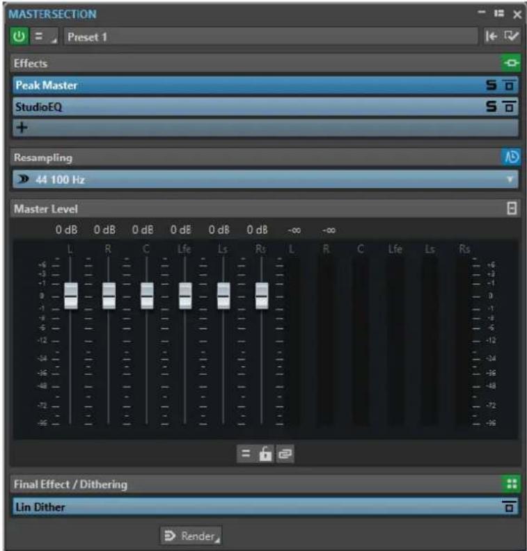 MASTERSECTION Preset 1 Effects Peak Master StudioEQ + Resampling 44 100 Hz Master Level 0 dB 0 dB 0 dB 0 dB 0 dB 0 dB -∞ -∞ L R C Lfe Ls Rs L R C Lfe Ls Rs -6 -3 +1 0 -1 -8 -6 -12 -54 -36 -48 -72 -96 = F ? Final Effect / Dithering Lin Dither Render