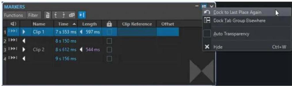 MARKERS Functions Filter Name Time Length Clip Reference Offset 1 Clip 1 7 s 553 ms 597 ms 2 Clip 2 8 s 150 ms 3 Clip 2 8 s 612 ms 544 ms 4 Clip 2 9 s 156 ms Dock to Last Place Again Dock Tab Group Elsewhere Auto Transparency Hide Ctrl+W