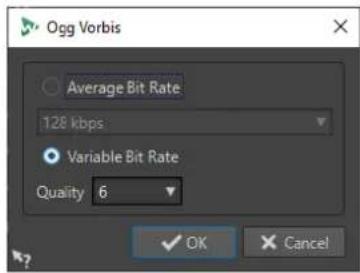 Ogg Vorbis Average Bit Rate 128 kbps Variable Bit Rate Quality 6 OK Cancel