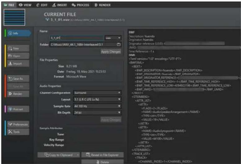 CURRENT FILE V: 5.1.01.wav (C:\Music\WAV_44.1_1000-interlaved3.1) Info File Open Import Save As Save As Render Product Preferences Tools Name 5.1.01 Folder C:\Music\WAV_44.1_1000-interlaved3.1 Apply Changes File Properties Size 8.21 MB Date Freitag: 19 Marz 2021 15:23:53 Format Microsoft Wave Audio Properties Channel Configuration Surround Layout S.T.O.R.C LIFE La R$ Sample Rate 44 100 Hz Bit Depth 24 bit Sample Attributes Time Key Range Velocity Range Copy to Clipboard Revel in File Explorer Delete BWF Description: Nuedo Originator: Nuedo Originator reference (LIST) <- BWF Time Reference: -1 s XML Nuedo+/BWF_DESCRIPTION>