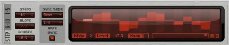STEP 6-10 1-5 STEPS 16 SLOPE 1/14 AMOUNT 10% SYNC MODE Beat 1/4 RATE SYNC Step 2 Level 17% Snap