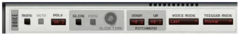 VOICE mono RETD POLY GLIDE FING DOWN UP VOICE MODE TRIGGER MODE 16 GLIDE TIME -3 +3 Last Normal PITCHBEND