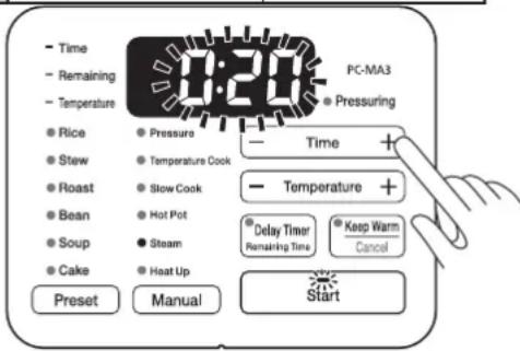 WOOZOO PC-MA3 - Per impostare il tempo di cottura, premere i pulsanti -/+ in corrispondenza di Time - 1