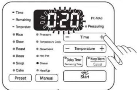 WOOZOO PC-MA3 - Pulse el botón -/+ de ajuste de tiempo para establecer el tiempo de cocción. - 1