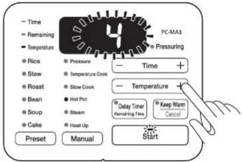 WOOZOO PC-MA3 - Druk op -/+ van de instelknop Temperature (Temperatuur) om het verwarmingsniveau in te stellen - 1