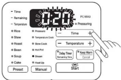 WOOZOO PC-MA3 - Appuyez sur le bouton de réglage du temps -/+ pour régler le temps de cuisson. - 1