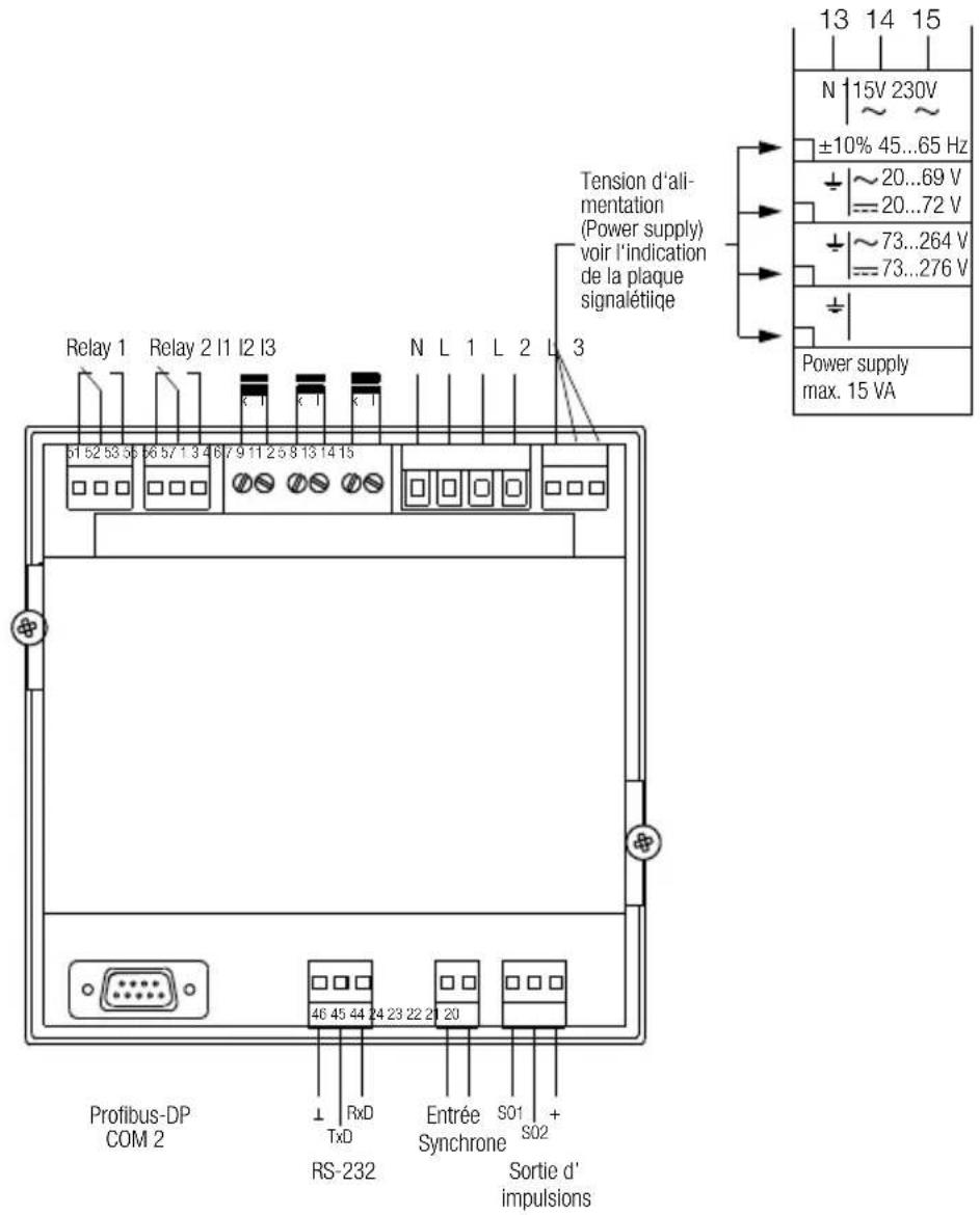 Relay 1 Relay 2 I1 I2 I3 N L 1 L 2 L 3 Tension d'alimentation (Power supply) voir l'indication de la plaque signalétiqe 51 52 53 54 55 56 57 58 59 60 61 62 63 64 65 66 67 68 69 70 71 72 73 74 75 76 77 78 79 80 81 82 83 84 85 86 87 88 89 90 91 92 93 94 95 96 97 98 99 100 Profibus-DP COM 2 Rs-232 RxD TxD Entrée Synchrone S01 S02 Sortie d'impulsions ±10% 45...65 Hz ~20...69 V =20...72 V ~73...264 V =73...276 V Power supply max. 15 VA