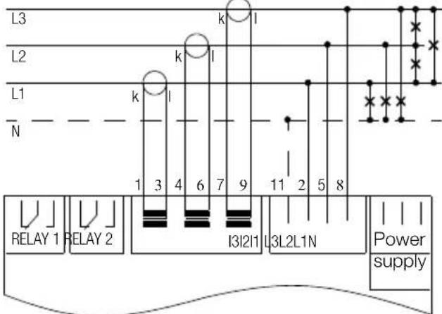 L3 L2 L1 N k l k l k l 1 3 4 6 7 9 11 2 5 8 RELAY 1 RELAY 2 I3I2I1 L3L2L1N Power supply